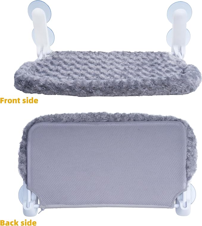 Cat Window Perch, Cordless Foldable Cat Hammock Bed with 4 Suction Cups, Embeded Machine Washable Bed for Indoor Cats, Strong Metal Frame Holds 40lbs (Grey,Cotton Binding)