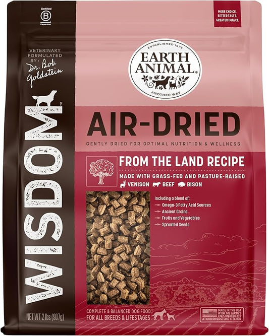 Earth Animal Wisdom Air Dried Dog Food | From The Land Recipe Premium Natural Dog Food | Venison, Beef, Bison | All Breeds & Ages | Made in The USA | 2 Pound Bag