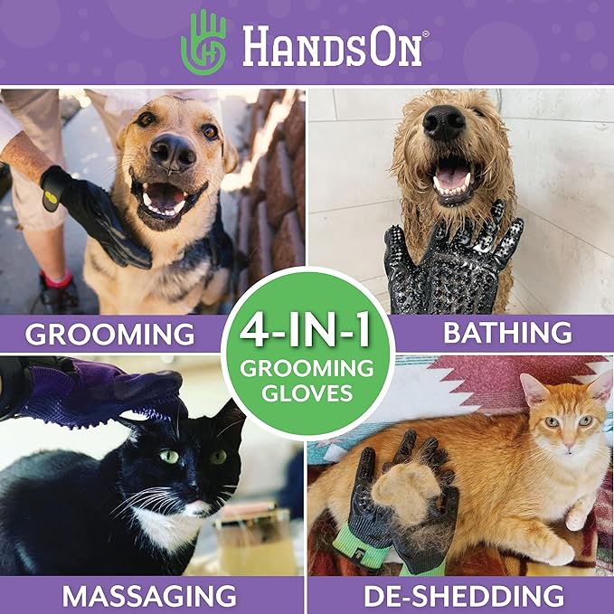 Handson Pet Grooming Gloves - #1 Ranked, Award-Winning Cat, Dog & Horse Hair Remover Gloves - Bathing, Shedding & Massaging Tool - Gentle Brush for Long & Short Fur (2 Pairs, Green, Medium)