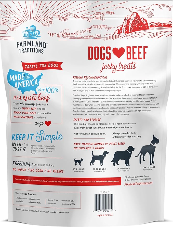 Farmland Traditions Dogs Love Beef Jerky Dog Treats with Only 4 Ingredients and No Fillers, 2.5 Pound Bag