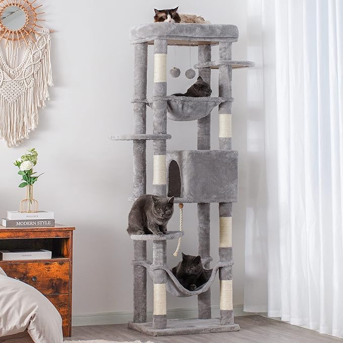 Heybly Cat Tree for Large Cats 20 lbs Heavy Duty,69 inches XXL Cat Tower for Indoor Cats,Multi-Level Furniture Condo with Big Padded Plush Perch,Cozy Basket HCT031W