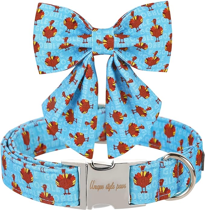 Unique style paws Thanksgiving Dog Collar with Bow Tie Blue Turkey Puppy Collar for Small Medium Large Dogs as Autumn Winter Pet Gifts-S