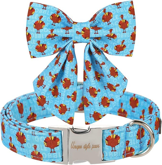Unique style paws Thanksgiving Dog Collar with Bow Tie Blue Turkey Puppy Collar for Small Medium Large Dogs as Autumn Winter Pet Gifts-M