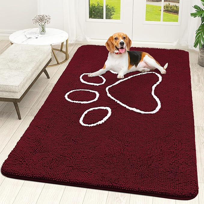 OLANLY Dog Door Mat for Muddy Paws 70x46, Paw Print Design, Absorbs Moisture and Dirt, Absorbent Non-Slip Washable Doormat, Quick Dry Chenille Mud Mat for Dogs, Entry Indoor Entryway Carpet, Burgundy