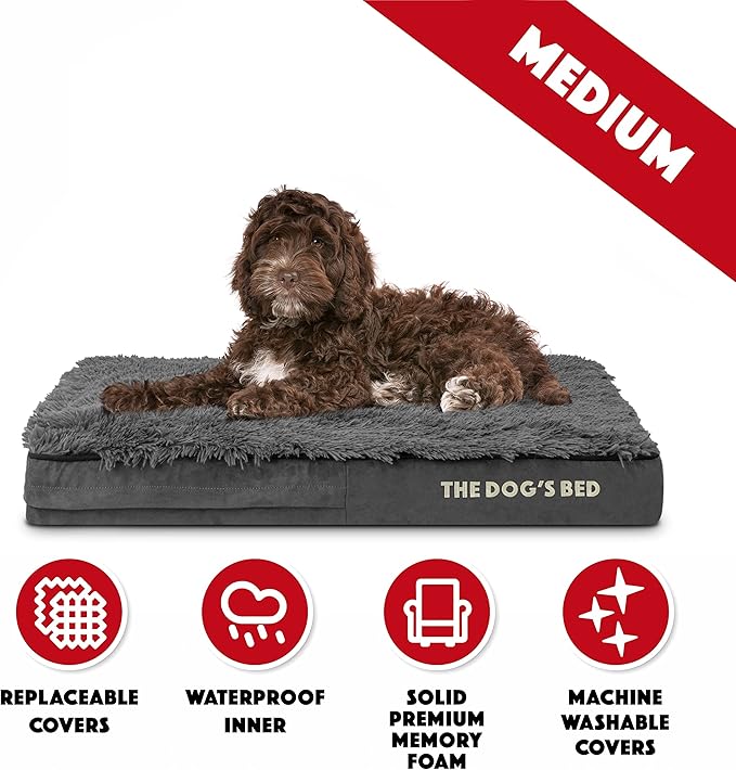 The Dog’s Bed Orthopedic Memory Foam Dog Bed, Medium Grey Fur 34x22, Pain Relief for Arthritis, Hip & Elbow Dysplasia, Post Surgery, Lameness, Supportive, Calming, Waterproof Washable Cover