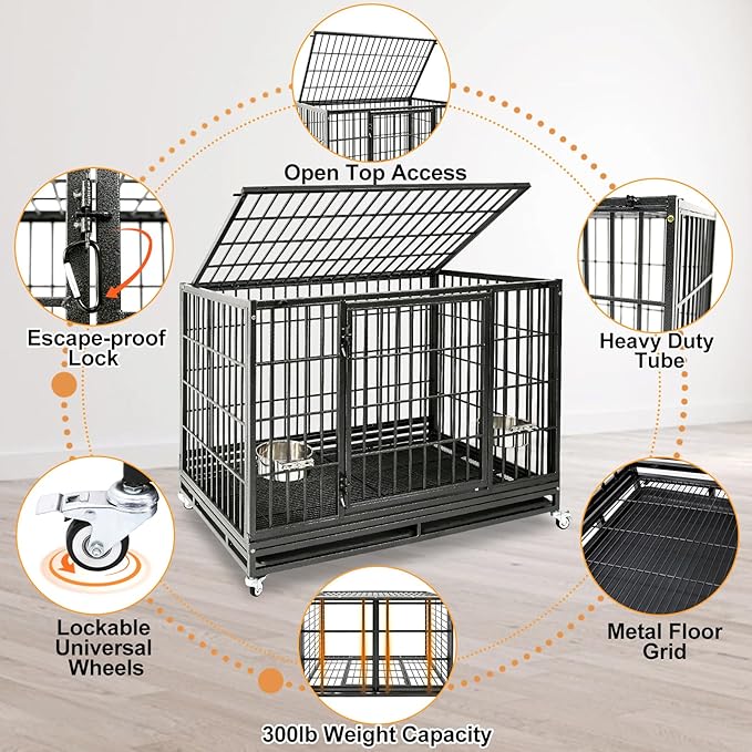 Homey Pet 48 Inch Heavy Duty Indestructible Dog Crate, Stackable Escape Proof Dog Cage Kennel Indoor with Two Trays, Metal Grids, Wheels, Bowls, Double Doors for High Anxiety Large Dogs(2 Tiers)
