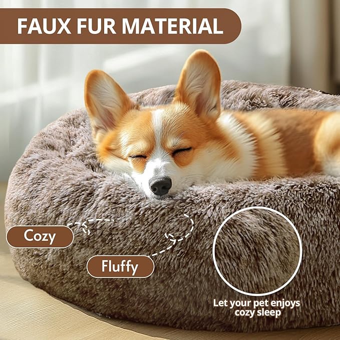 JOLLYVOGUE Large Calming Dog Bed, Anti-Anxiety Donut Cuddler Cat Bed with Anti-Slip Bottom, Fluffy Faux Fur Machine Washable Pet Cushion for Medium Large Dog & Cat, 36"/Smoke Brown