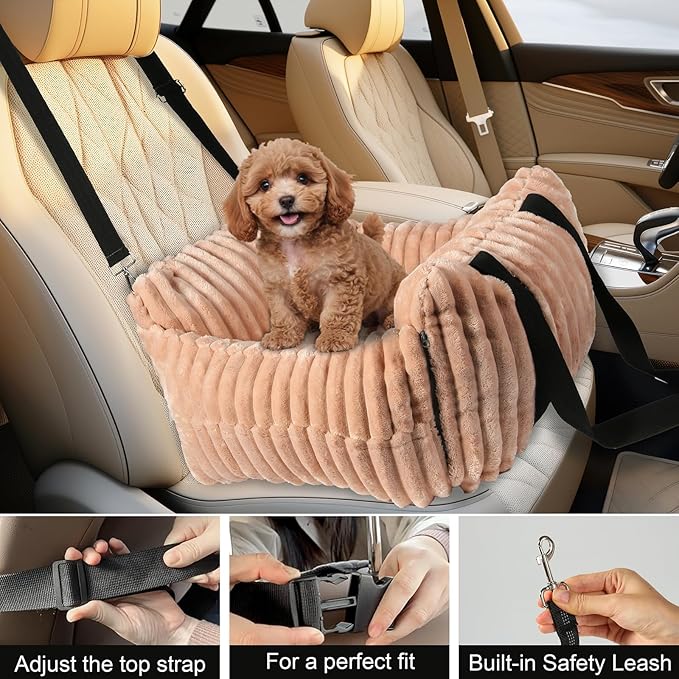 Dog Car Booster Seat, for Small Dogs Under 30 lbs, Detachable Washable Travel Bed with Storage Pockets and Safety Belt (Pink, Medium)
