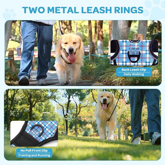 FURRYFECTION Plaid Dog Harness for Small Dogs | No Pull Reflective Pet Harness | No Choke Adjustable Dog Vest Harnesses | with Leash | Easy Control Handle | Front Lead | Seat Belt | Blue&White | S