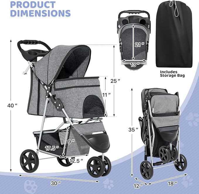 Magshion 3-Wheel Pet Stroller, Foldable Travel Jogger for Small & Medium Dogs & Cats (Up to 33lbs), Lightweight Carrier with Breathable Mesh Cover, Cup Holder & Storage Basket, Gray