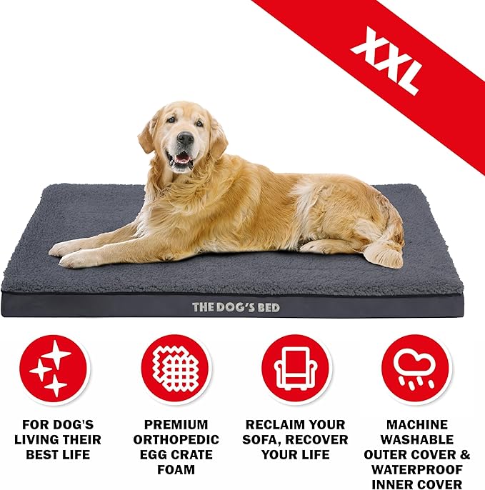 The Dog’s Bed Orthopedic Dog Bed, XXL Grey Plush, Waterproof, Supportive Dog Bed with Washable Replaceable Covers