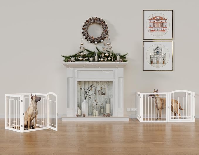 Vantas Folding Pet Gate 96" Wide, 30" Tall No-Assembly Metal Dog Gate, Freestanding Wire Pet Gate, Pet Puppy Safety Fence, Extra Wide with 2PCS Support - White