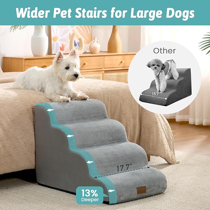 Dog Stairs for Small Dog 19.7" H, Pet Step for Puppy, Older Cat, Curved Ramp for High Bed or Car, Stairs with High Density Foam, Lightweight, Durable, 4 Step, 17.7x28x19.7 inch, Grey