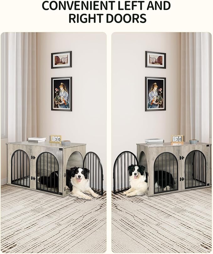 39.4" Wooden Dog Crate Furniture, Indoor Dog Kennel Dogs Cage for Small/Medium/Large Dogs, Heavy Duty Dog Crates Decorative Pet House End Side Table TV Stand, Greige Black DFC84105B