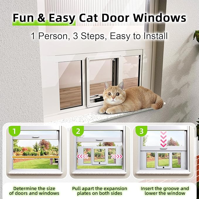 Cat Door for Window, Aluminum Cat Door Window Insert with 4 Secure Lock Modes, Magnectic Closure for Cats, Fit Window Width 32"-36", White