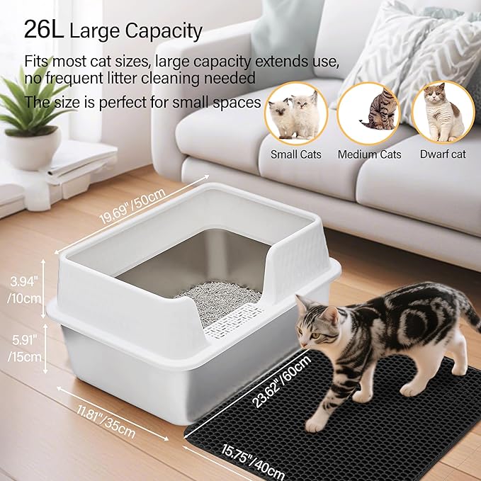 Enclosed High Sided Metal Stainless Steel Cat Litter Box with lid Scoop and Mats for Kittens or Medium Cats, Easy Clean White Deep Tall Kitty Litter Box