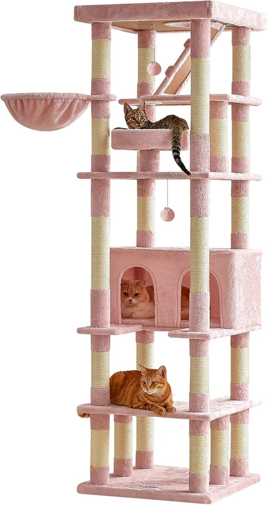 MWPO 74.8 Inches Pink Extra Large Cat Tree, Tall Cat Tower for Indoor Cats with Large Cat Condo, Wide Top Perch, Hammock, Sisal-Covered Scratching Posts, Toys for Kittens & Cats