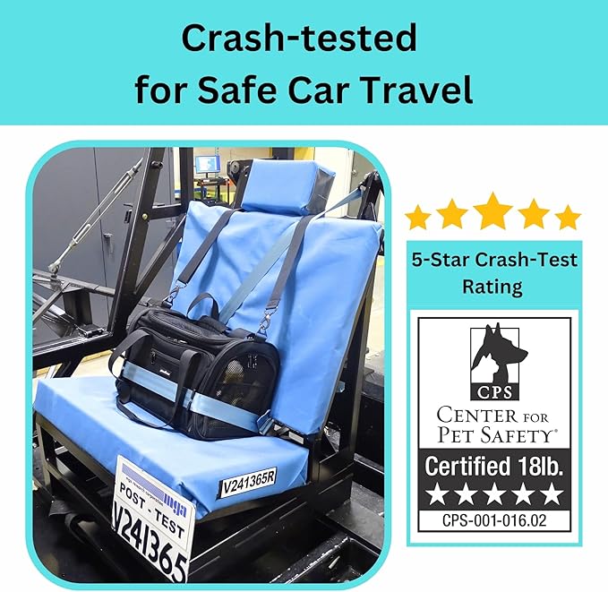 Crash-Tested Dog Carrier & Small Dog Car Seat (Test with FMVSS 213b - 5 Star Safety Rated by CPS) | Cat Carrier Soft - Expandable, Zipper Locks, Fan Pocket | Best for Safe Travel - For Pet Up to 13lbs