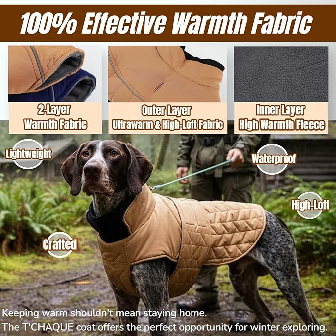 Upgraded Classic Quilted Active Fit Dog Winter Coat, Waterproof & Lightweight Coats for Medium Dogs, Easy On & Off Pet Jacket Adjustable, 2-Layer Warmth Thick Fabric Pet Clothes for Bulldog(Khaki, M)