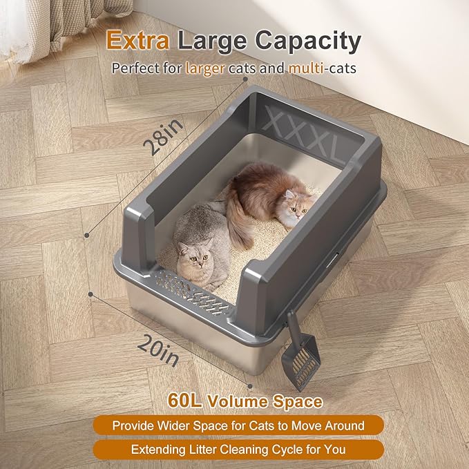 XXXL Stainless Steel Litter Box with Lid, 28" L x 20" W x 14" H Extra Large Cat Litter Box, Enclosure Metal Cat Litter Pan with High Side, Non-Stick, Anti-Leakage, Easy Clean for Big and Multiple Cats