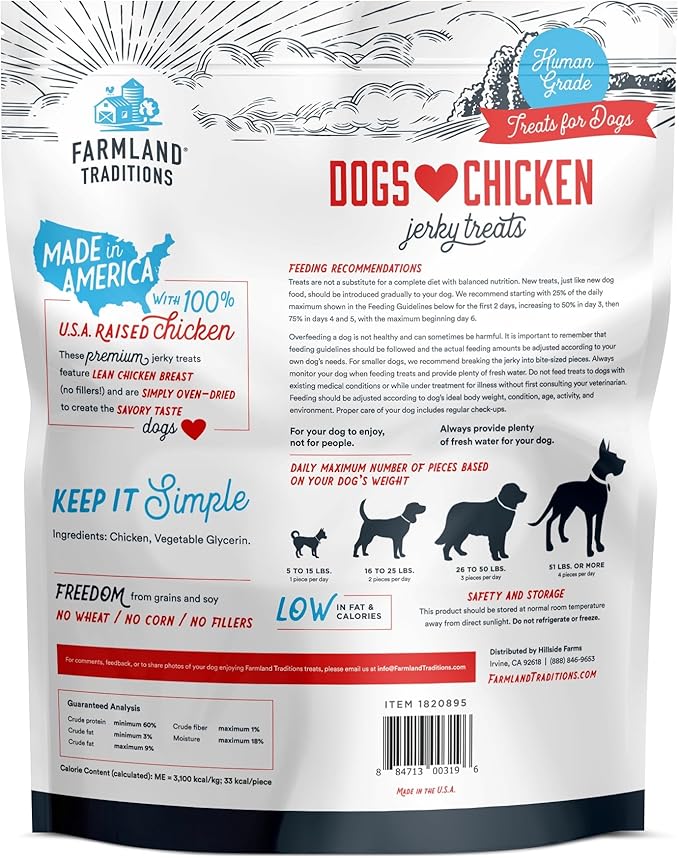 Farmland Traditions Dogs Love Chicken Jerky Dog Treats, Premium Two-Ingredient Dog Jerky with USA-Raised, Human-Grade Chicken & No Antibiotics Ever, 3-Pound Bag