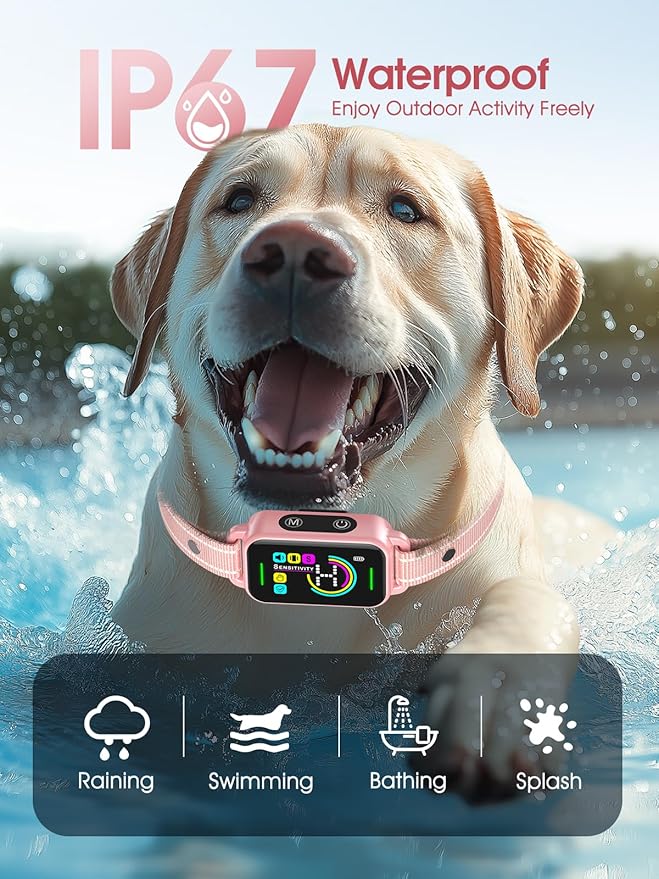 DINJOO Dog Bark Collar for Large/Medium/Small Dogs | Rechargeable Smart AI Anti-Barking Training Collar with 8 Adjustable Sensitivity, Beep & Vibration Modes | Solves Excessive Barking - Rose Pink