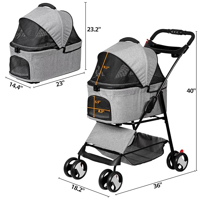 ZENY Pet Stroller, 3 in1 Foldable Dog Cat Jogger Stroller with 4 Wheels, Detachable Basket and Cup Holder, Travel Folding Carrier for Small/Medium Pet