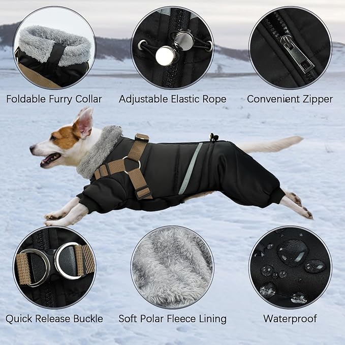BRKURLEG Black Dog Coat with Harness, Dog Winter Jacket, Dogs Onesie Body Warm Jackets, Small Dogs Winter Coats Reflective Windproof Warm Cold Weather Coats, Pet Waterproof Jacket Hiking M