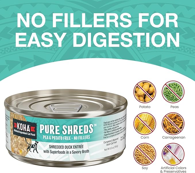 KOHA Pure Shreds Duck Entrée for Cats, Single Meat High Protein Wet Cat Food, 5.5oz Cans (Pack of 12)