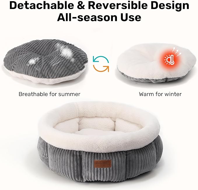 FUKUMARU Cat Bed, Corduroy Round Cat Beds for Indoor Cats, Washable Fluffy Pet Bed for Cats and Puppy, Soft Cute Small Dog Beds, Grey