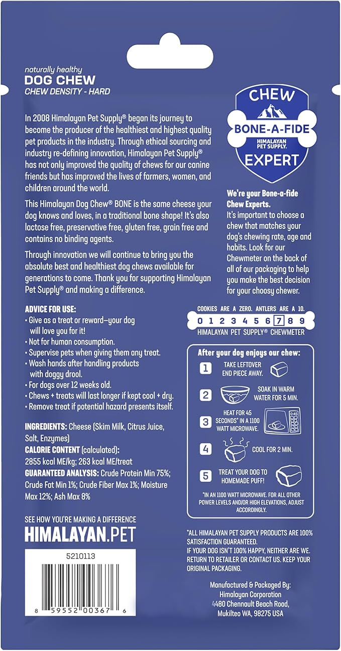 Himalayan Pet Supply Dog Chew Bone - Medium | Long Lasting, Stain Free, Protein Rich, Low Odor | 100% Natural, Healthy & Safe | No Lactose, Gluten, Soy or Grains | for Dogs 45 lbs and Under, Cheese