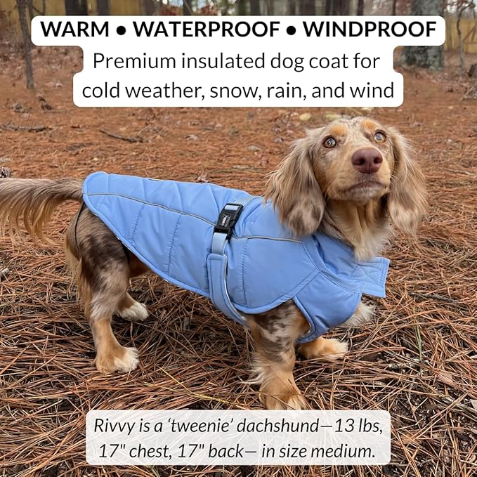 DJANGO Insulated Puffer Dog Jacket with Harness Hole – Warm, Water-Repellent Winter Dog Coat for Large Dogs – Adjustable, Reflective Cold Weather Dog Apparel for Fall, Snow, Rain – Dusk Blue, Large