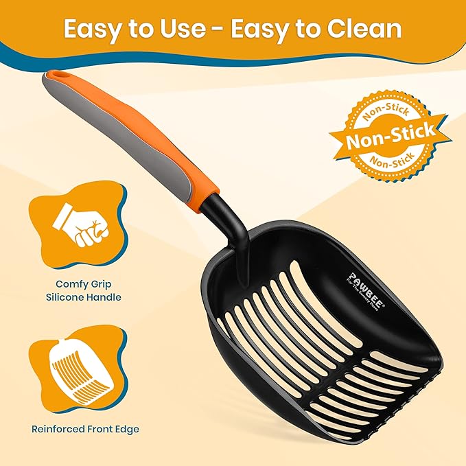 PAWBEE Metal Cat Litter Scoop, Premium Non-Stick Cat Litter Scooper with Holder, Deep Shovel metal pooper scooper, Long Non-Slip Handle Kitty Litter Scoop, Cat Poop Scooper, Cat Scooper for Litter Box