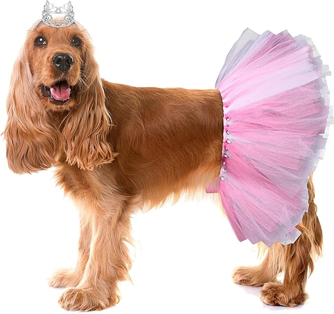 2 Pcs Dog Crown Headband Dog Tutu Dress Set Crystal Rhinestone Tiara Crown Tutu Skirt Pet Dress Costume for Puppy Birthday Party Wedding Photo Prop Costume(Medium,Rose Red, White)
