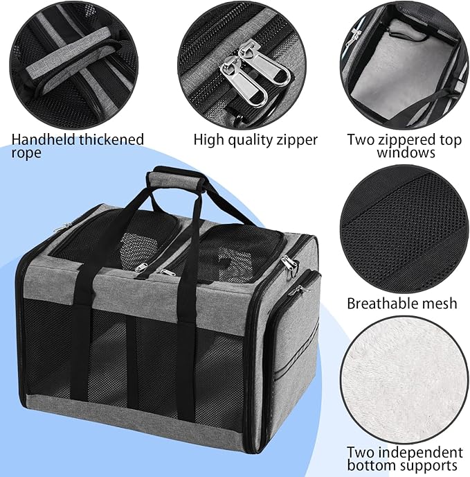 Portable 2-in-1 Pet Carrier,Double Compartment Cat & Dog Carrier for 2 Cats,Expandable Medium Dogs Large Cat Carrier with Sturdy Base,Breathable,Good for Traveling Walking Camping（Grey）
