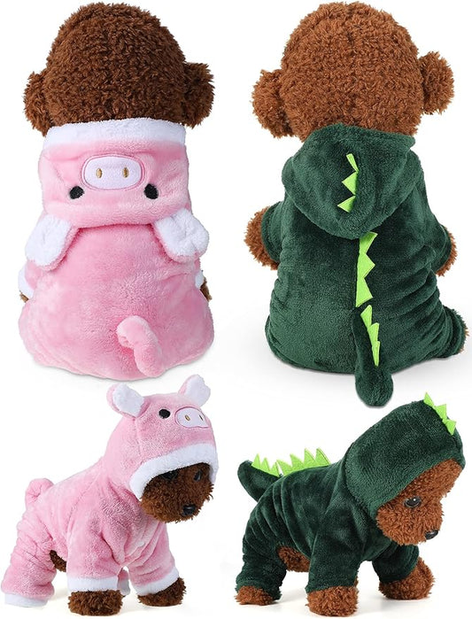 Queekay 2 Pieces Cute Dog Costume Halloween Cat Clothes Pink Pig PET Costume Design Dinosaur Clothing Puppy Outfits PET Hoodie Warm Dress up Clothes for Puppies and Kitten(Medium)
