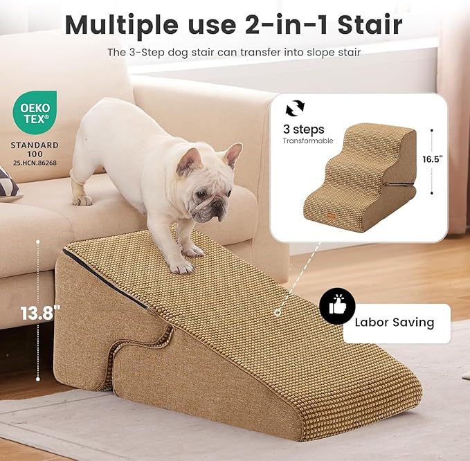 Gardner Pet Dog Stairs for Small Dogs 16.5" H, 2 in 1 Transformable 3-Step Pet Stairs and Dog Ramp for Couch (13-20 in), Brown Adjustable Pet Steps with Non-Slip Waterproof Cover and CertiPUR-US Foam
