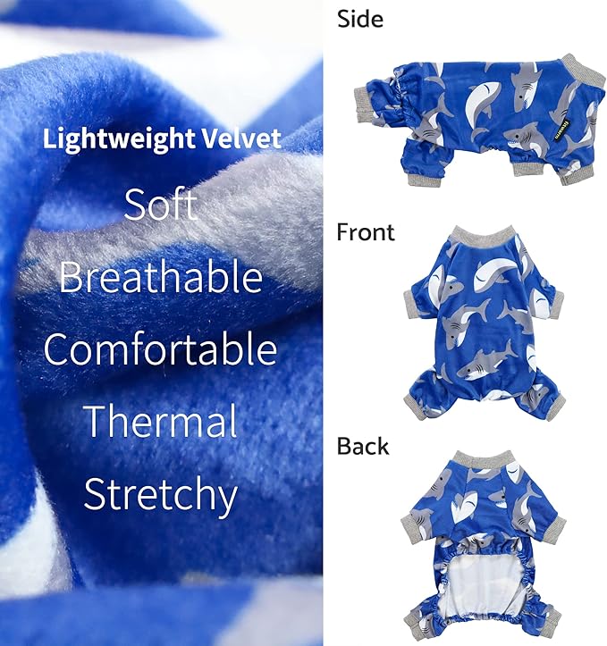 Fitwarm Shark Dog Pajamas, Dog Clothes for Small Dogs Girl Boy, Pet Onesie with Feet, Cat Outfit, Lightweight Velvet, Royal Blue, Small