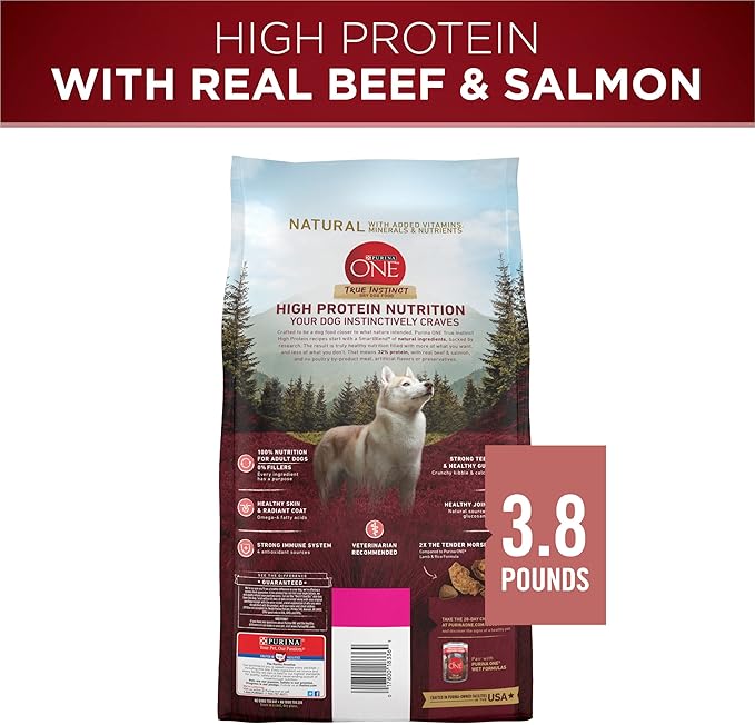 Purina ONE Natural High Protein Dry Dog Food Dry True Instinct with Real Beef and Salmon With Bone Broth and Added Vitamins, Minerals and Nutrients - (Pack of 4) 3.8 lb. Bags