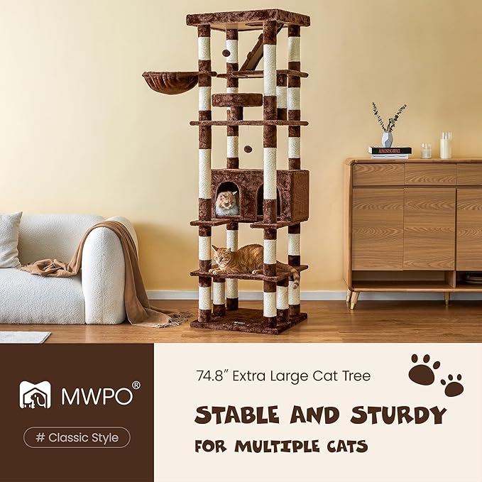 MWPO 74.8 inches Large Cat Tree with Sisal-Covered Scratching Posts & Condo, Tall Cat Tower Entertainment Playground Furniture for Cats & Kittens - Multiple Colors (Brown)
