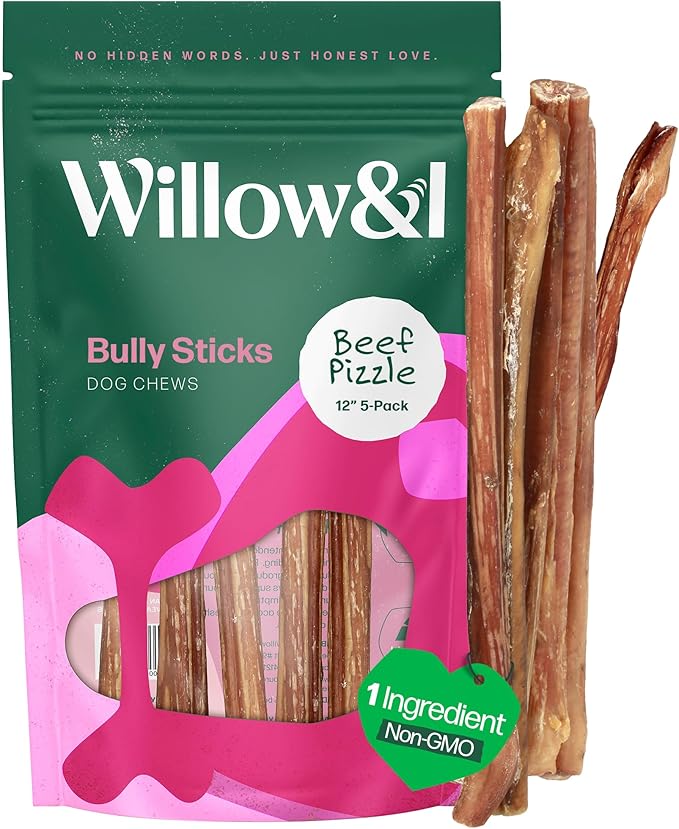 Willow&I Bully Sticks for Dogs -12 Inch Natural Bully Sticks for Medium, Large & Small Dogs- Premium 100% Grass Fed, Single Ingredient, Long Lasting, High Protein, Odor Free (12", 5 Pack)