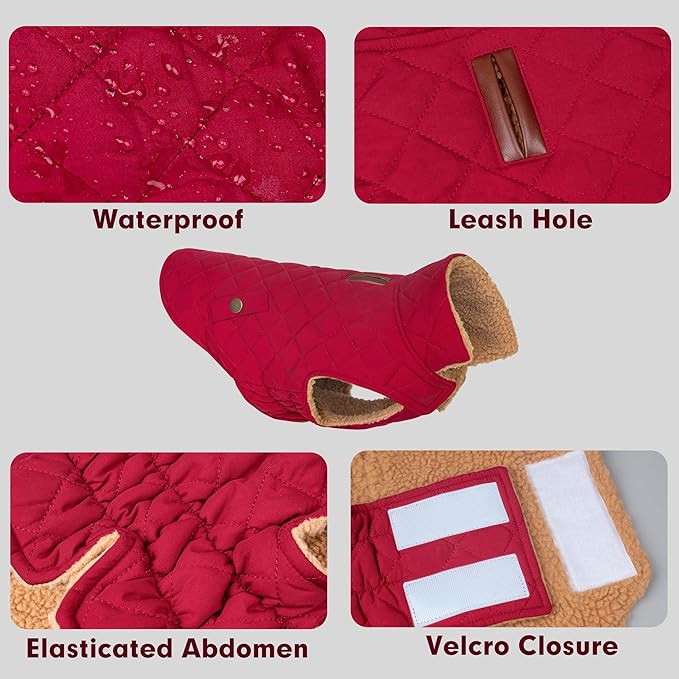 azuza Dog Jacket for Medium Dogs Waterproof & Windproof Dog Coat for Small Dogs with Thick Fleece, High Collar with Leash Hole, Adjustable Velcro & Elastic Belly, Red 2XL