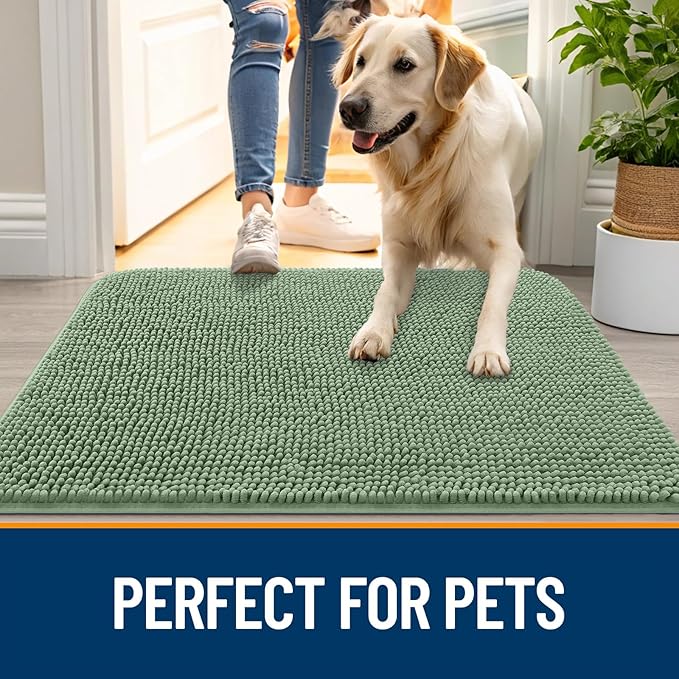 OLANLY Dog Door Mat for Muddy Paws 59x20, Absorbs Moisture and Dirt, Absorbent Non-Slip Washable Doormat, Quick Dry Chenille Mud Mat, Entry Indoor Entryway Carpet for Inside Floor, Olive Green