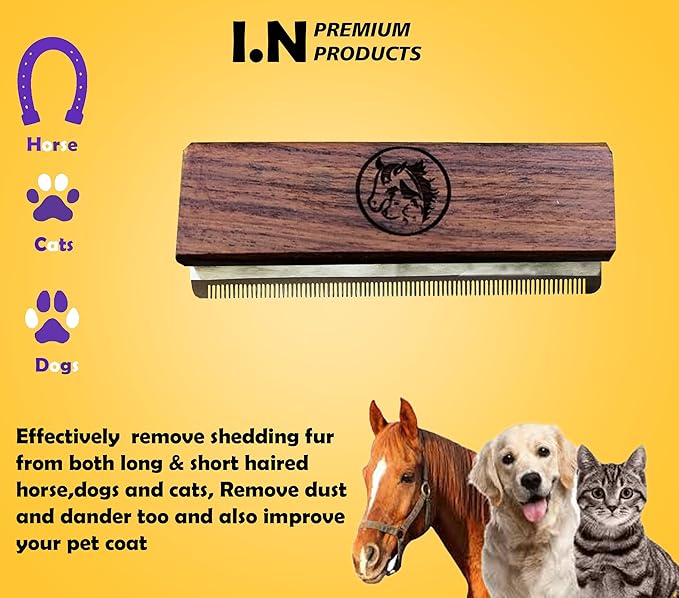 Deshedding Grooming Tools for Dogs Cats & Horse Easy Ergonomic Wooden Handle Professional Brush Grooming Tool, Remove painlessly 95 Percent of Lose Hair Fur & Dirt (5 inch) (5 inch)