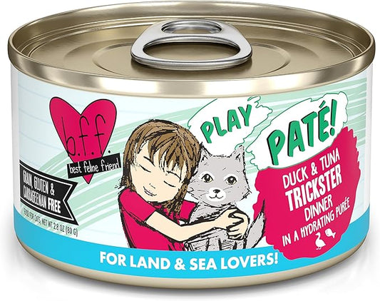Weruva B.F.F. Play - Best Feline Friend Paté Lovers, Aw Yeah!, Duck & Tuna Trickster with Duck & Tuna, 2.8oz Can (Pack of 12)