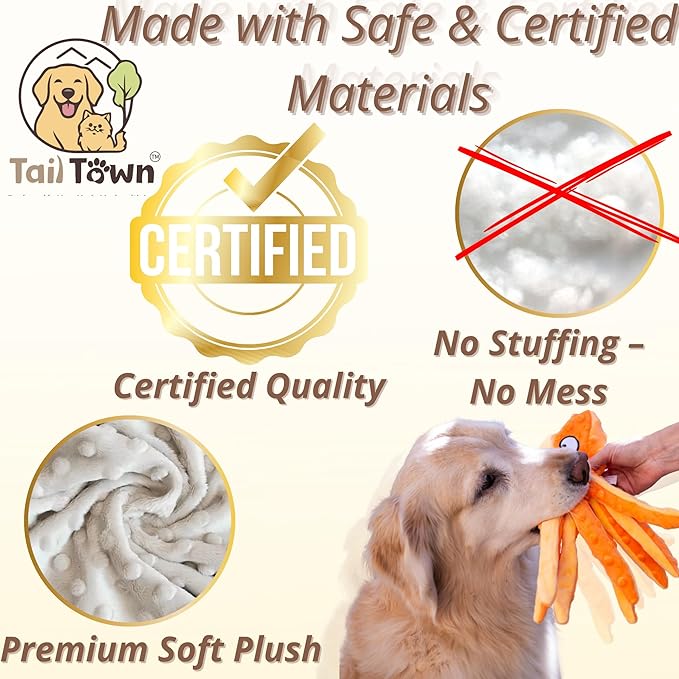 Orange Octopus Dog Toy – Squeaky & Crinkle Plush – Durable No Stuffing Chew Toy for Small Medium Large Dogs Puppies & Seniors – Interactive Safe Soft Toy for Tug Fetch Play – Tail Town