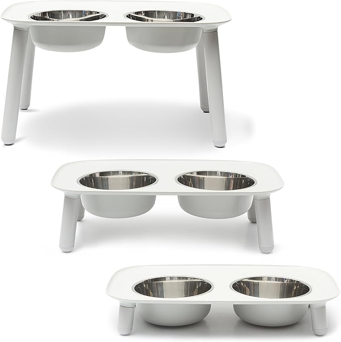 Messy Mutts Elevated Double Feeder with Stainless Bowls | Adjustable Height 3”, 5”, or 10” | Adjustable Standing Feeder for Dogs | 5 Cups per Bowl | Light Grey