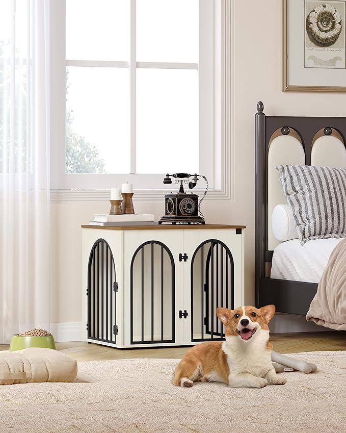26.8'' Wooden Dog Crate Furniture, Indoor Dog Kennel Dogs Cage for Small Dogs, Heavy Duty Dog Crates Decorative Pet House End Side Table TV Stand, White Brown DFC85514B