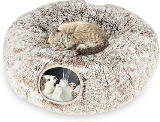 Plush Cat Tunnel Bed for Indoor Cats, Collapsible Cat Donut Tunnel with Central Mat, Fluffy Cats Cave Tube with Hanging Ball for Kitten Rabbit Puppy Ferret, Coffee