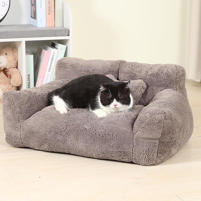 Extra Wide Fluffy Cat Bed, Small Dog Bed with Bone Shaped Pillow, Anti-Anxiety Pet Couch with Washable Cover, Brown